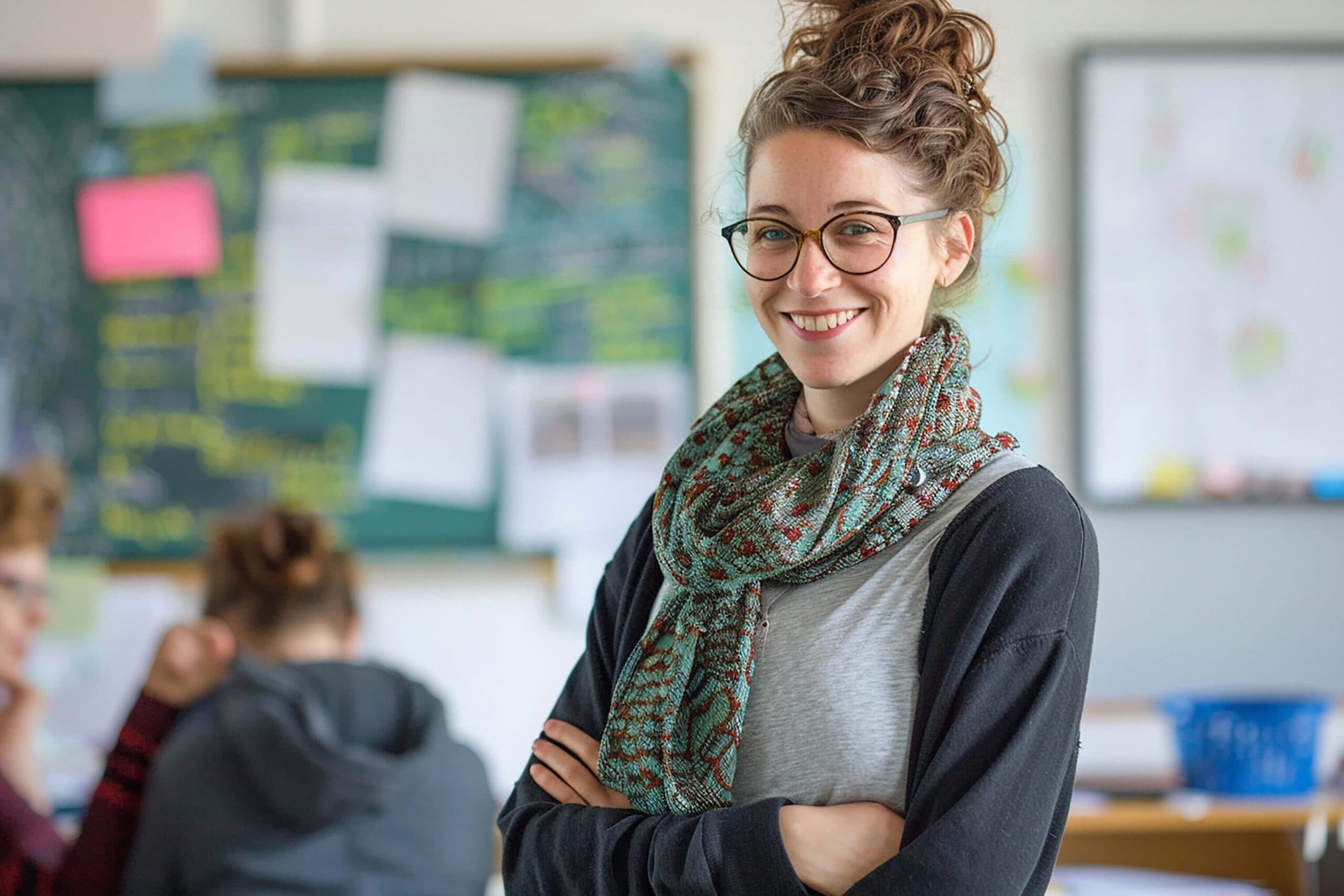 A teacher in glasses and a patterned scarf smiling with arms folded in her classroom