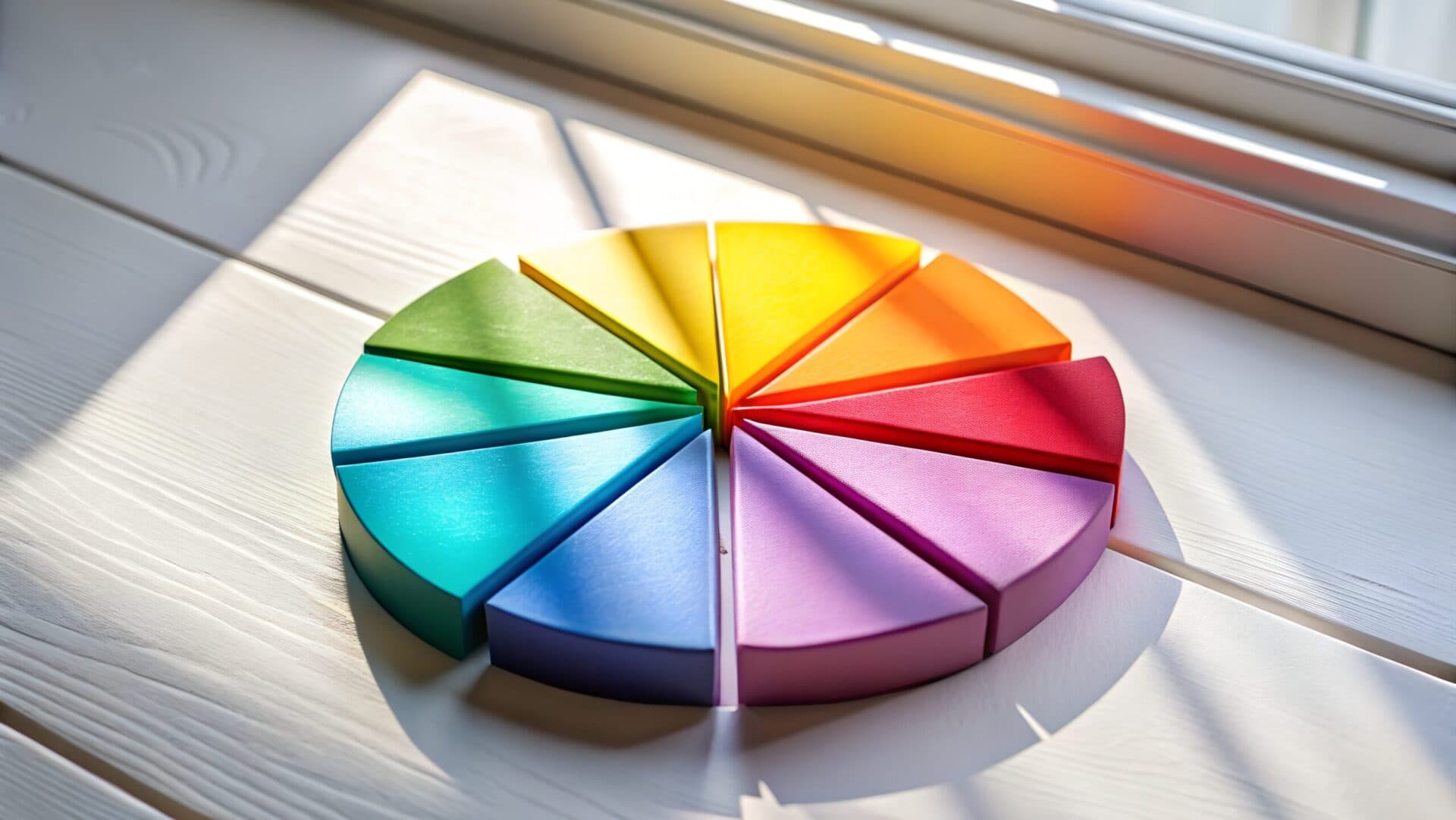 A wooden rainbow puzzle disc arranged into a full circle on a sunlit white table