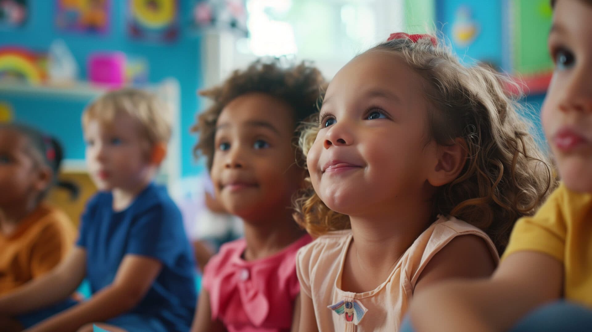A row of children sitting close together, looking up attentively during circle time