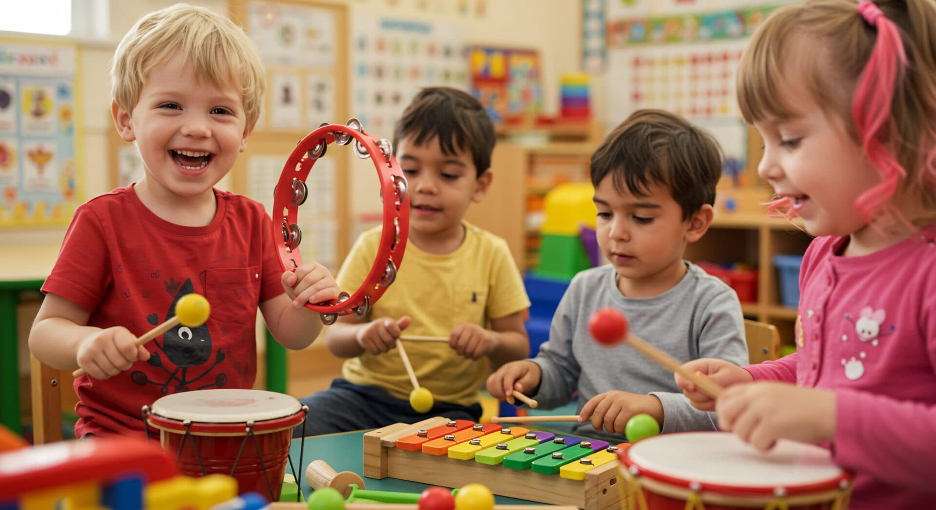 Four children playing tambourine, drums and xylophone together at a classroom music table