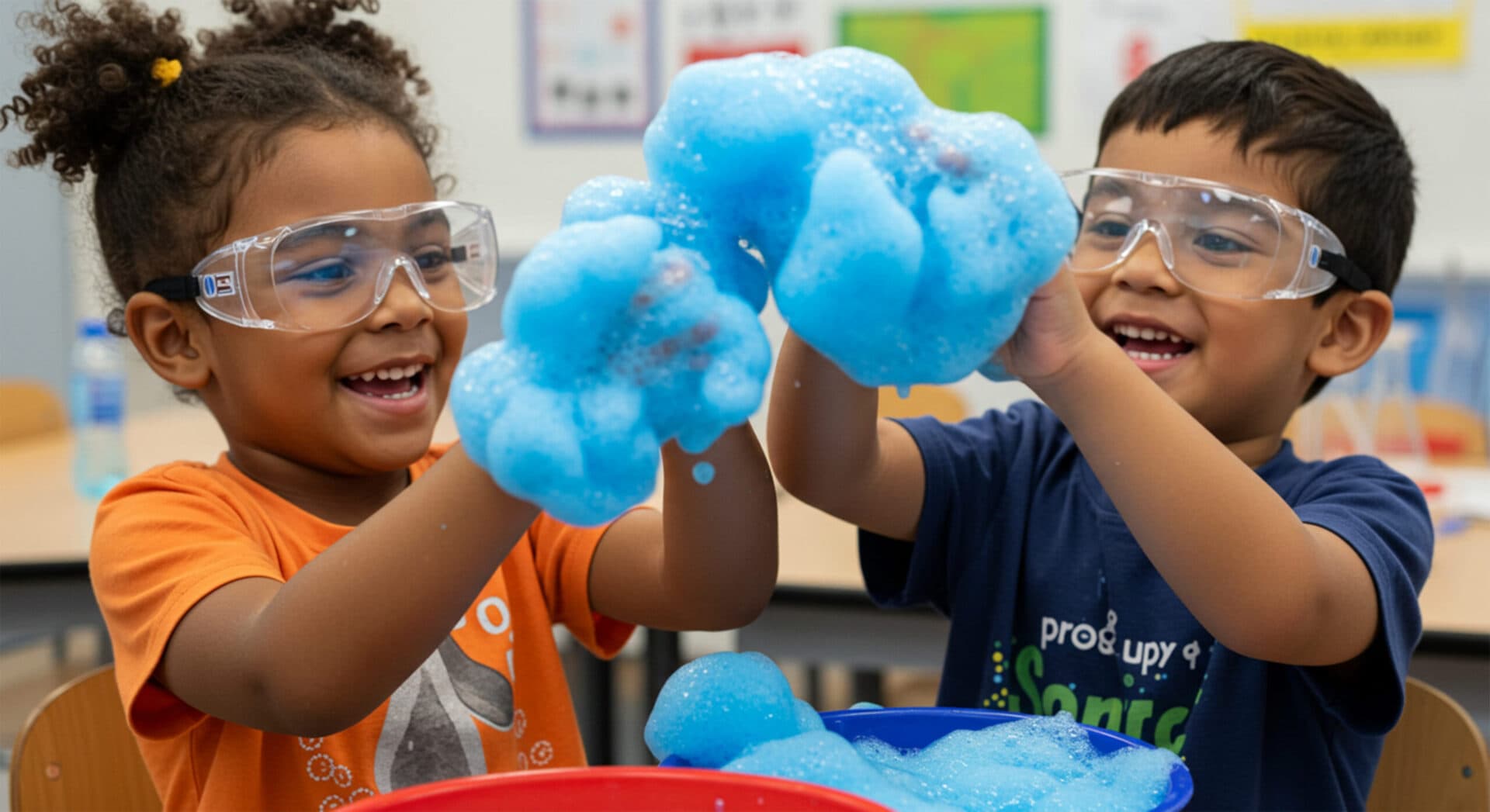 Two children in safety goggles laughing as they lift handfuls of blue foam from a bowl